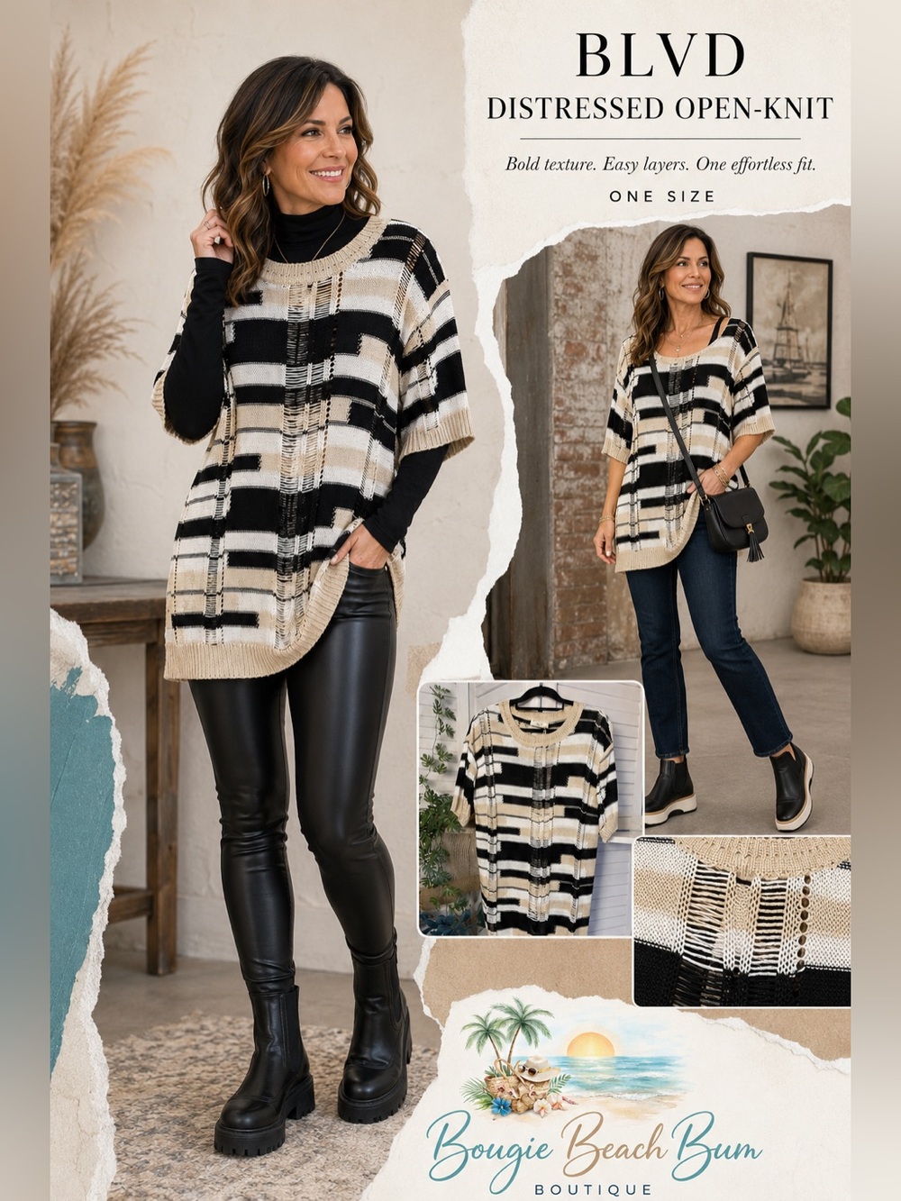 BLVD Striped Distressed Knit Tunic in Black & Cream